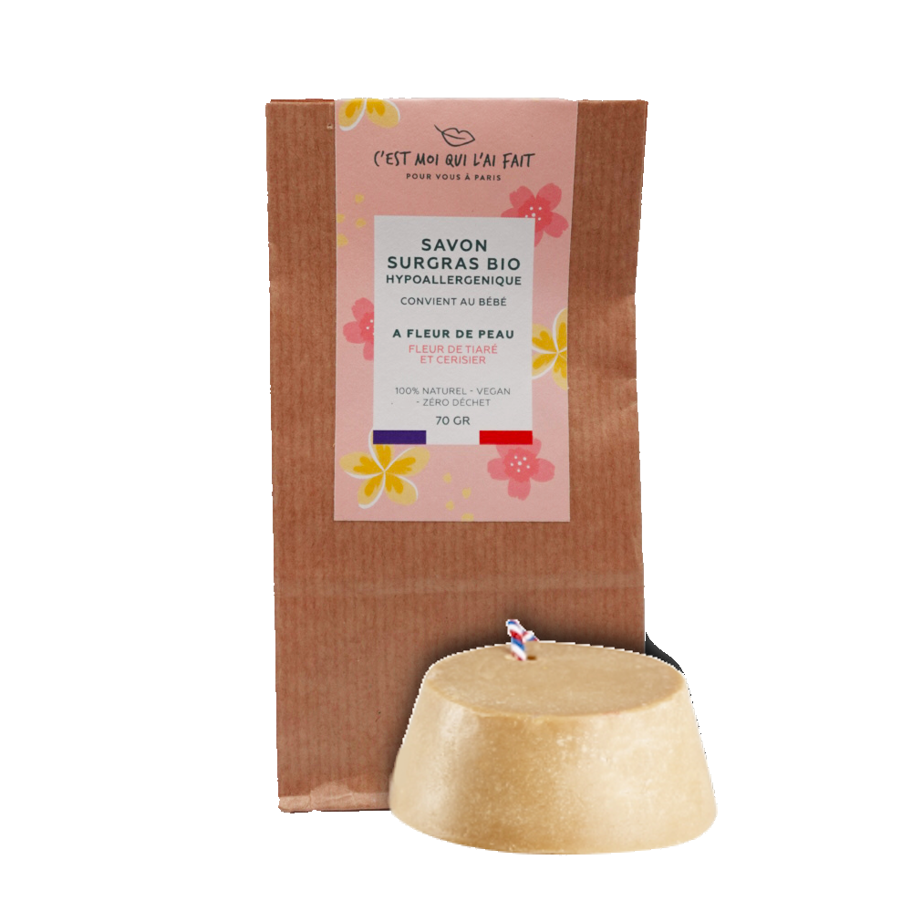 Savon surgras bio Fleur de tiaré et cerisier "À fleur de peau"